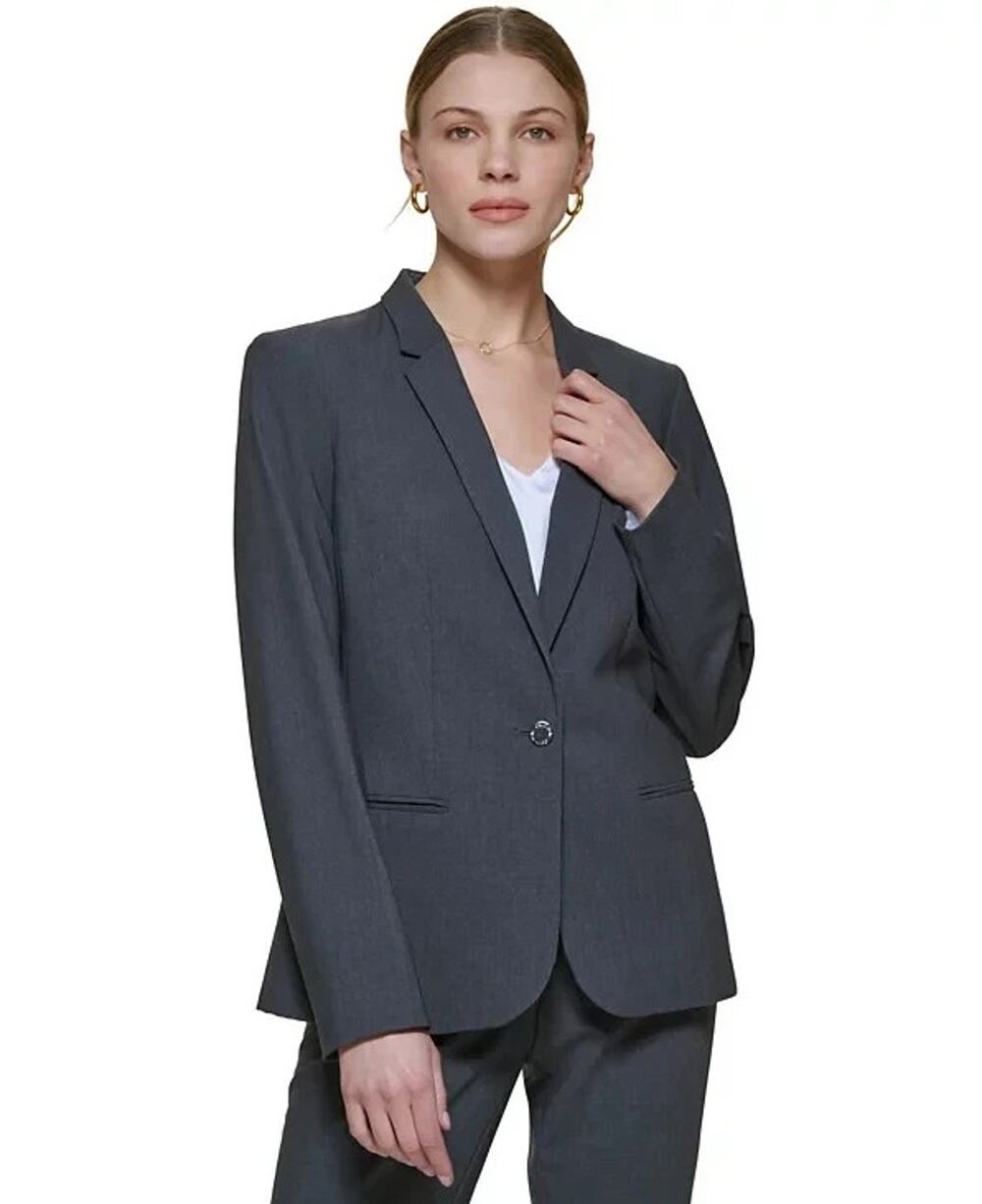 Calvin Klein Women Gray Solid Classic One-Button Blazer Jacket Petite Size 10P